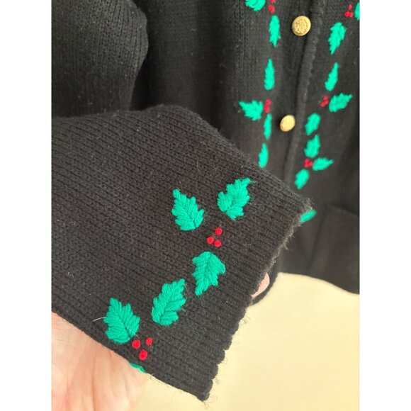 Vintage Tally-Ho Black Holly Embroidered Christmas Cardigan Sweater Women's XL - Picture 9 of 13